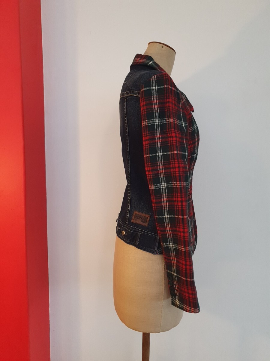 REPLAY Vintage Runway Punk Jacket Check Jeans Tweed Blazer Size S RARITY View 5
