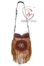 Western Bag Crossbody, Bag Light Orange Leather,Bag Fringe with Turquoise Stone.