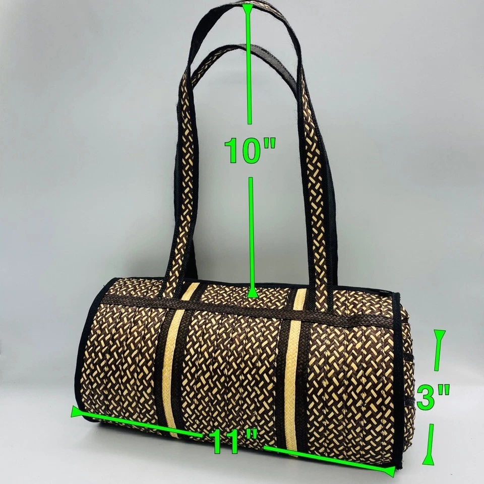 Duffel Bag Womens Black Beige Basketweave Dual Handle Zipper Small New - Image 4 of 4