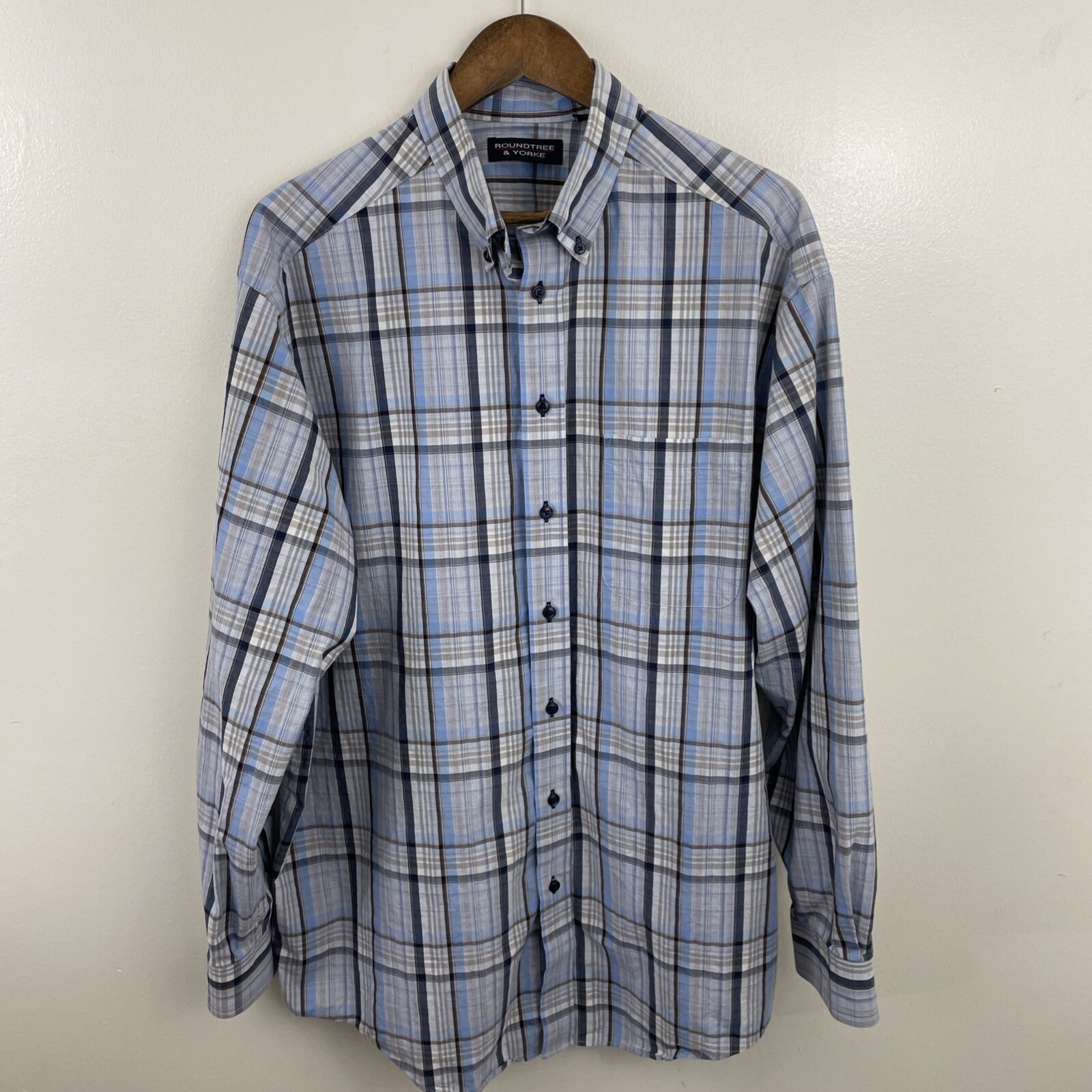 ROUNDTREE & YORKE Shirt Mens XLT Tall XL Blue Plaid Long Sleeve Button Down
