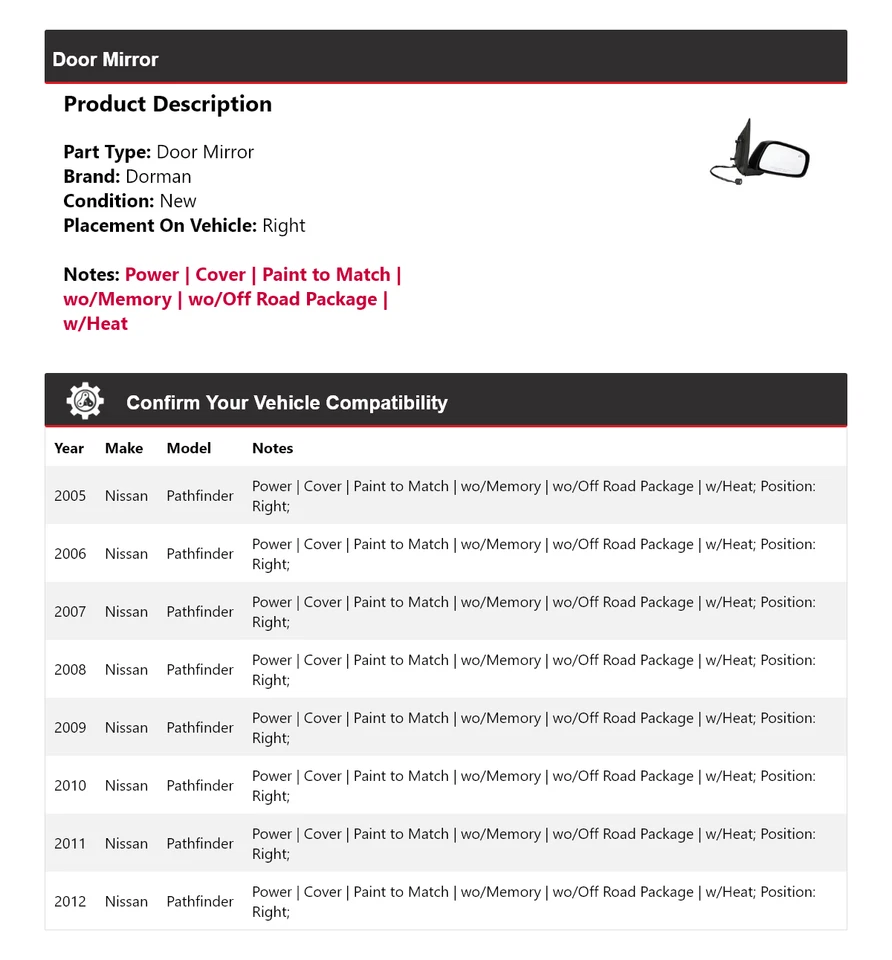 Espejo retrovisor derecho Nissan Pathfinder Dorman 2005-2012 2006 2007 2008 2009 Foto 2 de 4