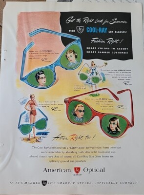 1947 American Optical Cool-Ray Blue Red Sunglasses Vintage Ad