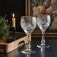 10 oz Set of 2 Handmade Vintage Crystal Wine Glasses with Gold Rim on a Stem