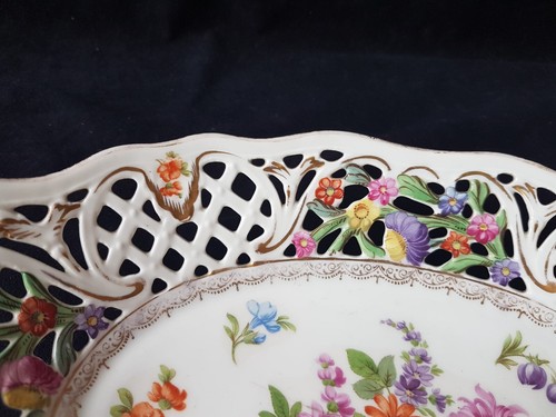 Schumann Durchbruch Porzellan Dresdner Blumen oval Schale 30cm+Schale auf Fuß - Bild 3 von 12