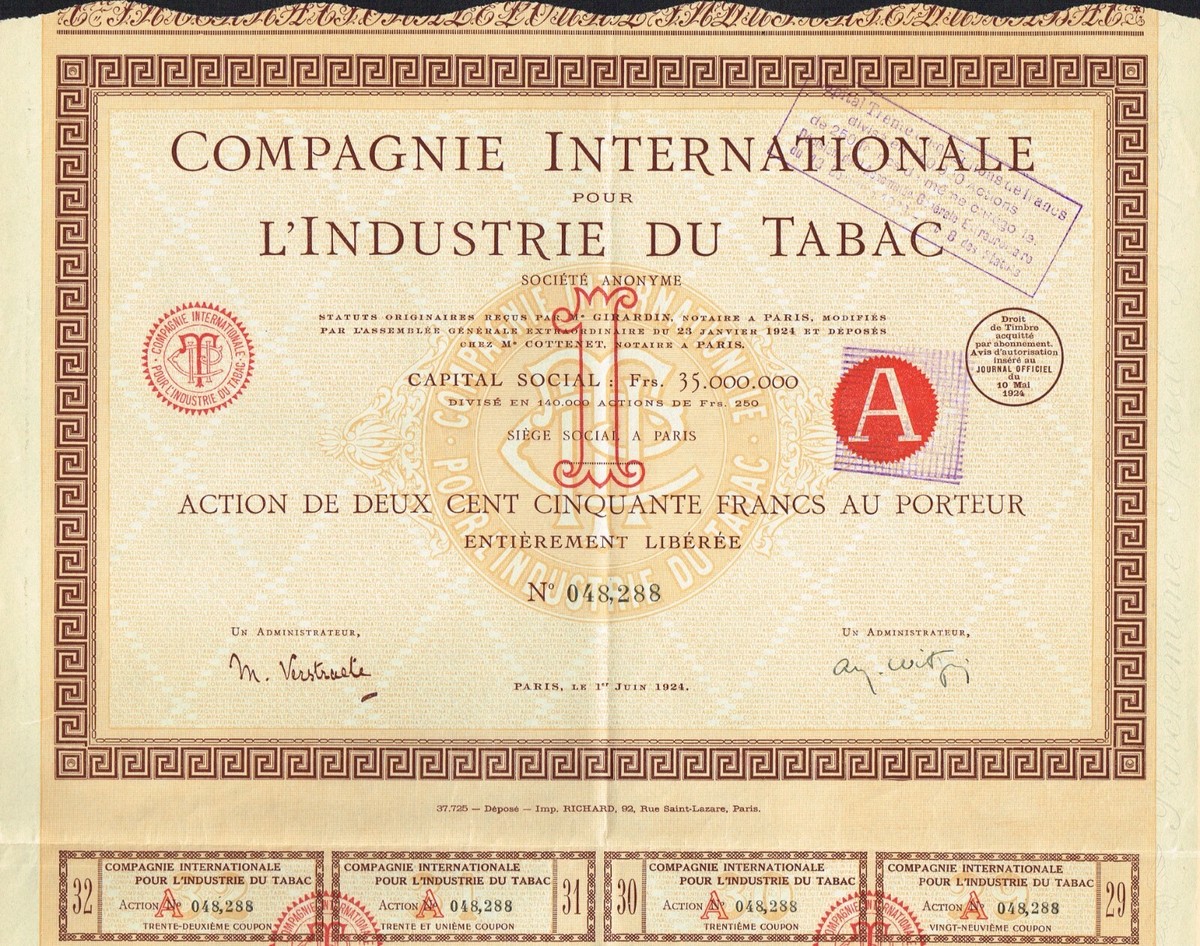 FRANCE INTERNATIONAL TOBACCO INDUSTRY COMPANY stock certificate/ bond