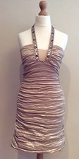 BCBGMAXAZRIA GOLD EVENING DRESS SIZE S UK 8 HALTERNECK JEWELL EMBELLISHED