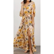 Baltic Born Women Floral Print Maxi Dress Butterfly Sleeve Belted V Neck  M