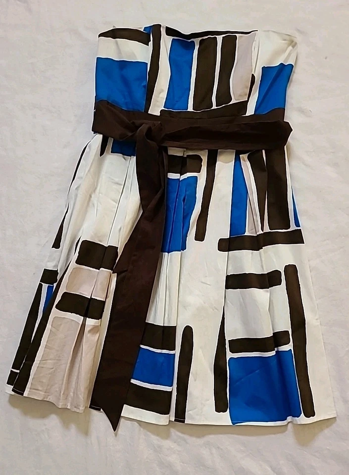 A.P.N.Y. Strapless Fit & Flare Dress White Blue Brown Womens Size 14 - Image 2 of 4