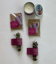 Set of Hand Poured Cactus Soaps + 100% soy wax candle + 2 shower bundles