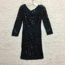VINTAGE Camille La Vie Dress 4 Blue Mini Sequin Sheath Sheer Evening Beads Women