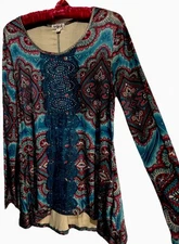 Oneworld Top S Teal Boho Hippie Stretch Knit Fairycore Whimsigoth Tunic Shirt
