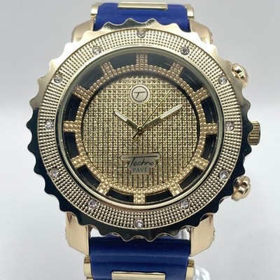 Techno Pave Men's Watch 52mm Bling Gold Tone Blue WR New Battery 10''