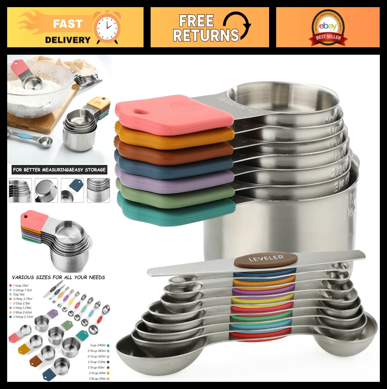 Magnetic Measuring Cups & Spoons Set - 16 pcs Stainless Steel Nesting Kitchen To