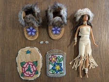 Handmade Alaskan Native American Leather Beadwork Set - Pouches Moccasins, Doll