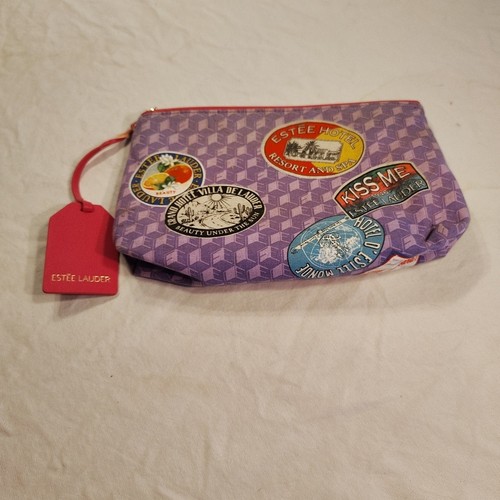Estée Lauder Makeup Cosmetic Pouch Purple Zipper Travel Theme Kiss Me 10" x 6"