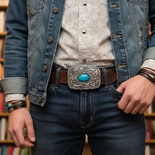 NEW Men Women Antique Silver Metal Ethnic Belt Buckle Turquoise Filigree Western