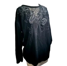 Vintage 90s Beaded Studded Sweater Black Silver Beads Sm/Med