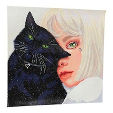 COMPLETED 20" DIAMOND ART ON CLOTH "GREEN EYES" BLACK CAT BLONDE GIRL PICTURE