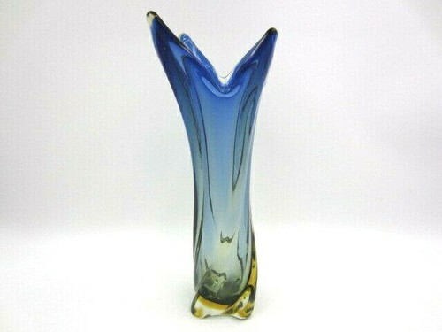 Czech sommerso ribbed & twisted art glass leaf vase blues in amber - Picture 2 of 11