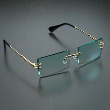 Mens Rimless Retro Rectangle Gold Frame Blue Turquoise Gradient Tint Sunglasses