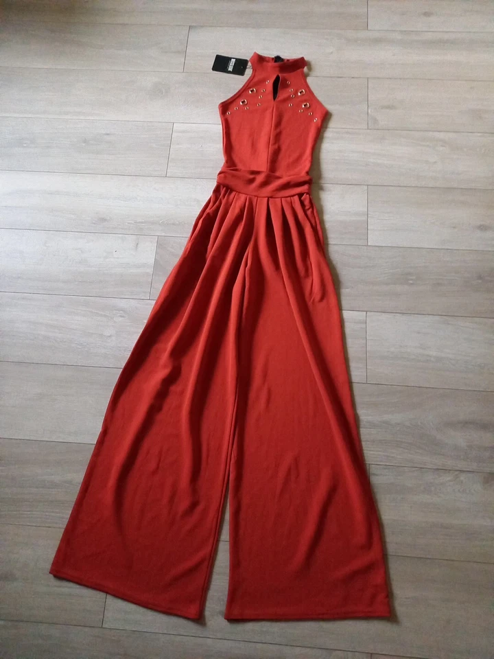 Misslook Rust Tan Stretch Wide Leg Jumpsuit Studded High Neck Evening Party UK8T - Image 3 of 4