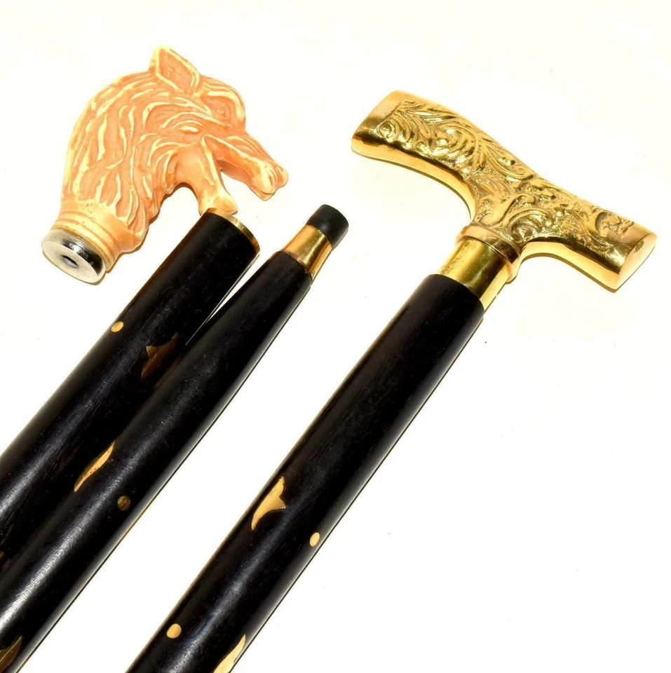 Bastón de madera dorado con mango de 2 cabezas victoriano de latón y hueso bastón regalo Foto 2 de 4