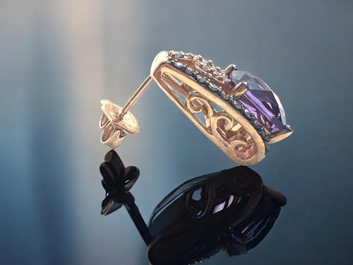 14K Gold Amethyst Stud Earrings | Diamond Halo Earrings | February Birthstone