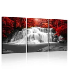 KREATIVE ARTS Black White and Red Canvas Wall Art 3 Pieces Red Woods Waterfal...