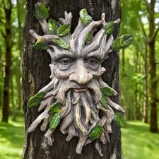 Charming Tree Face Garden Decor, Whimsical Old for Man Resin Statue with Foli...