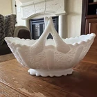 Vintage Fenton White Milk Glass Daisy & Button Oval Basket W Split Twig Handle