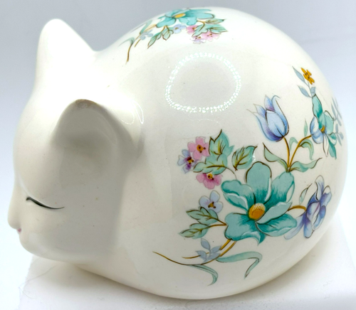 Vintage I.W. Reisblumen weiß Porzellan SCHLAFENDE KATZE Wattebausch Spender - Bild 1 von 6