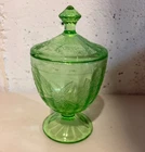 Jeanette Floral Poinsettia Green Depression Uranium Glass Candy Dish W/Lid 4 1/2