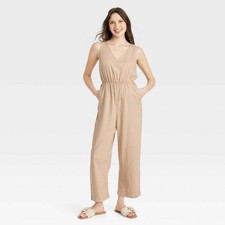 Women's Linen V-Neck Jumpsuit - Universal Thread  Tan XS