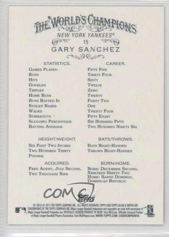 2017 Topps Allen & Ginter's X Gary Sanchez #15 - Image 2 of 2