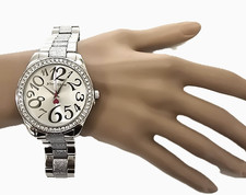 NEW BETSEY JOHNSON BRUSHED SILVER TONE STAINLESS STEEL PINK HEART BRACELET WATCH