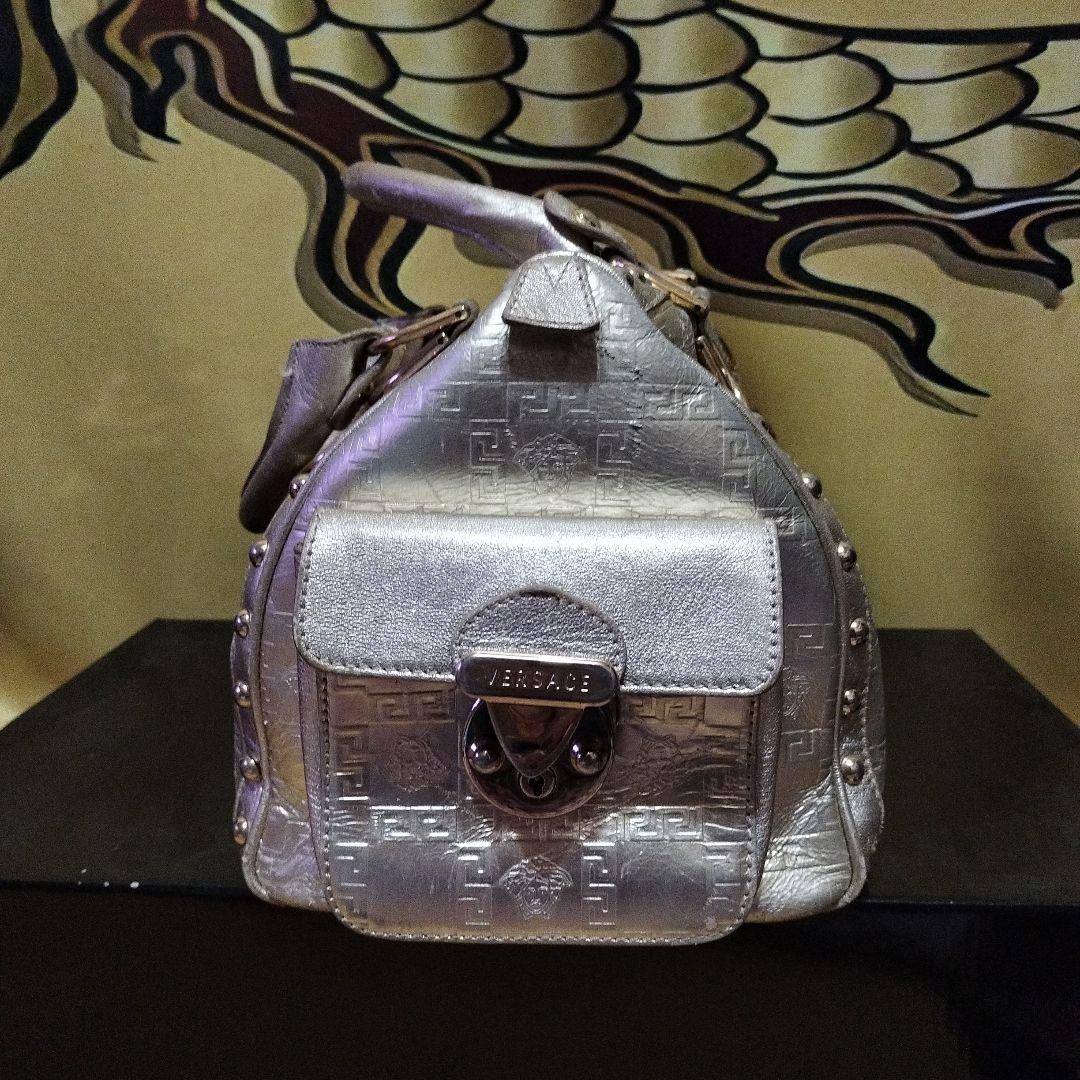 VERSACE HandBag Boston Bag With Studs Hardware Silver Leather Greca Embossed thumbnail 2