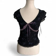 Black & Purple Floral Print Short Sleeve V Neck Top Tie Up Bow Detail Size XS
