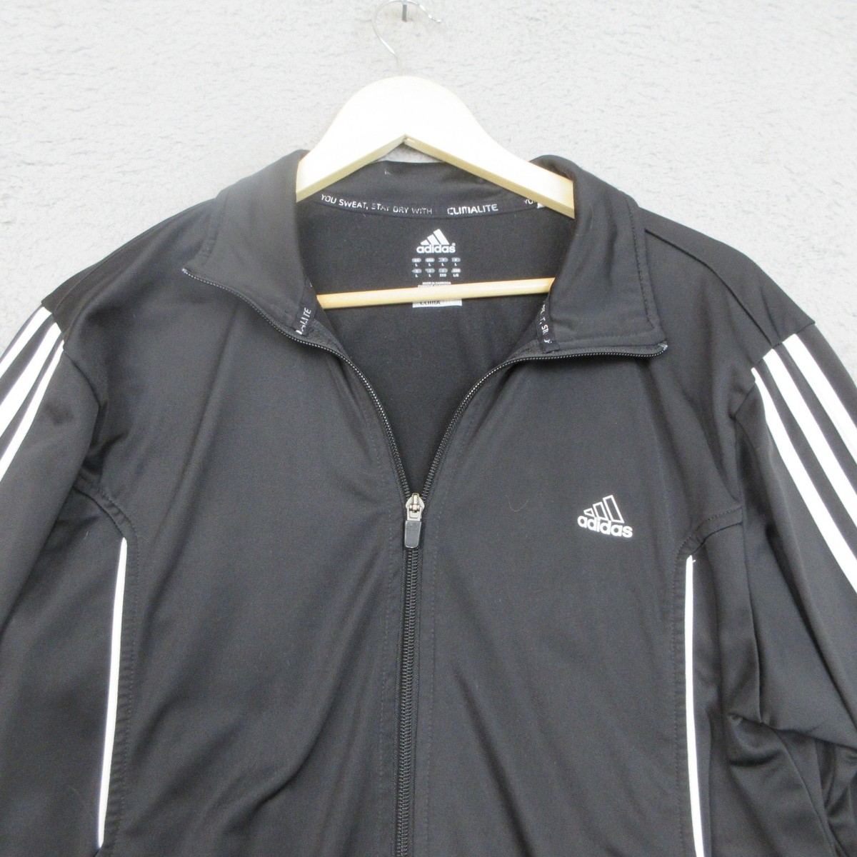 Adidas Track Jacket Mens Large Black Climalite 3-Stripes Full Zip
