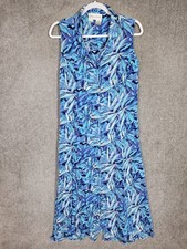 Vintage Betsy Lauren Hawaiian Crinkle Dress Womens Size 6 Blue Leaf Button Front