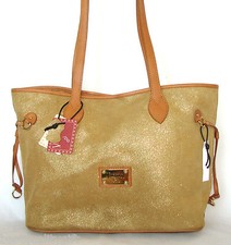 NEW-VALENTINA METALLIC GOLD SUEDE+COGNAC LEATHER TRIM E/W TOTE HAND BAG-ITALY