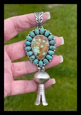 NAVAJO ~SS ~4 3/4 IN LONG ~ KINGMAN TURQUOISE ~SQUASH PENDANT~GERALDINE JAMES