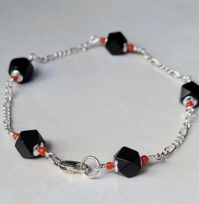 Sterling Silver 925 Genuine Azabache (5mm) y Coral(2mm) Bracelet. 