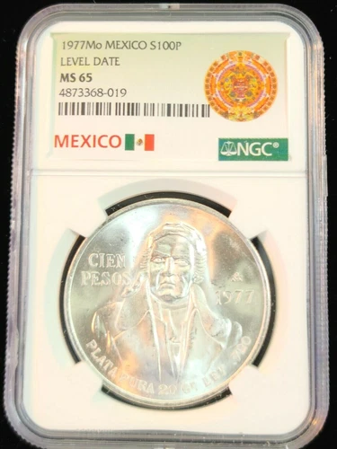 1977 MEXICO SILVER 100 PESOS S100P LEVEL DATE NGC MS 65 PQ GEM BU GREAT LUSTER