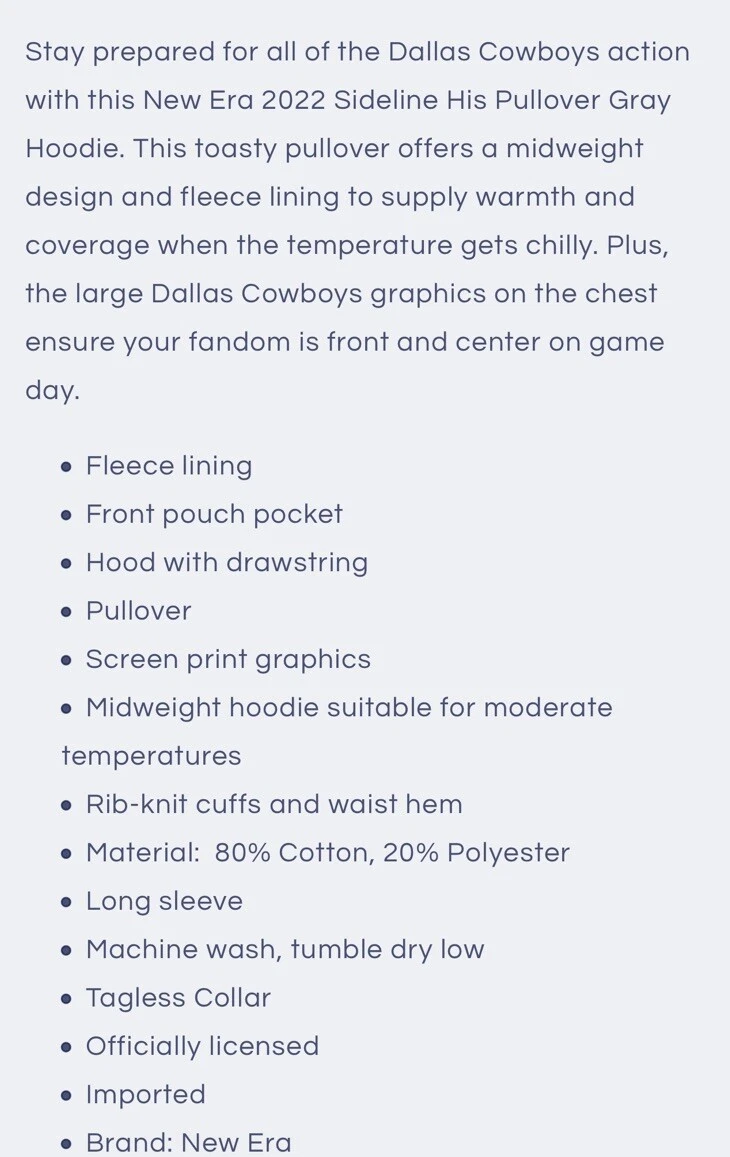 New $70 Dallas Cowboys Mens Sideline Fleece Pullover Hoodie Sweatshirt Gray M