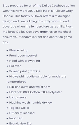 New $70 Dallas Cowboys Mens Sideline Fleece Pullover Hoodie Sweatshirt Gray M