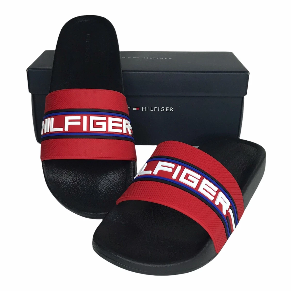 Tommy Hilfiger Mens ETTO Pool Slides Size 10 11 Black Blue Red Slip on Sandals