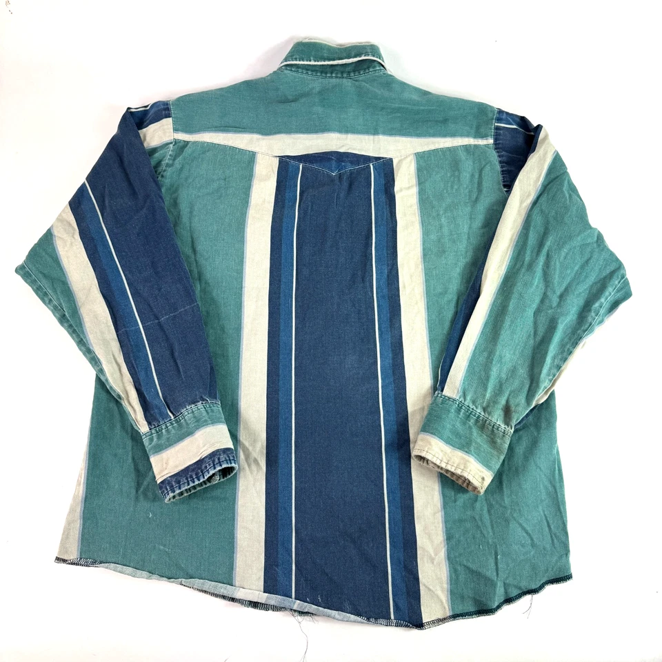 Vintage Wrangler Pearl Snap Button Shirt Rodeo Striped Brushpopper Blue Green XL - Image 3 of 4