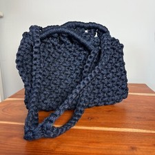 Vintage Womens Deep Blue Crochet Handbag Bohemian Open Knit 13in x 10in