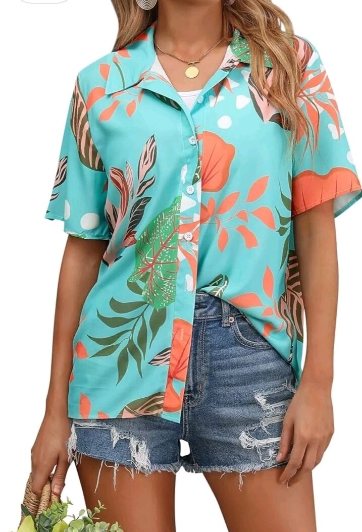 ZXZY Womens Summer Hawaiian Button Up Shirt SIZE SMALL Floral Cyan