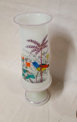 Hand Painted Vase Satin Stem Floral with Bird & Tree 10 3/4''